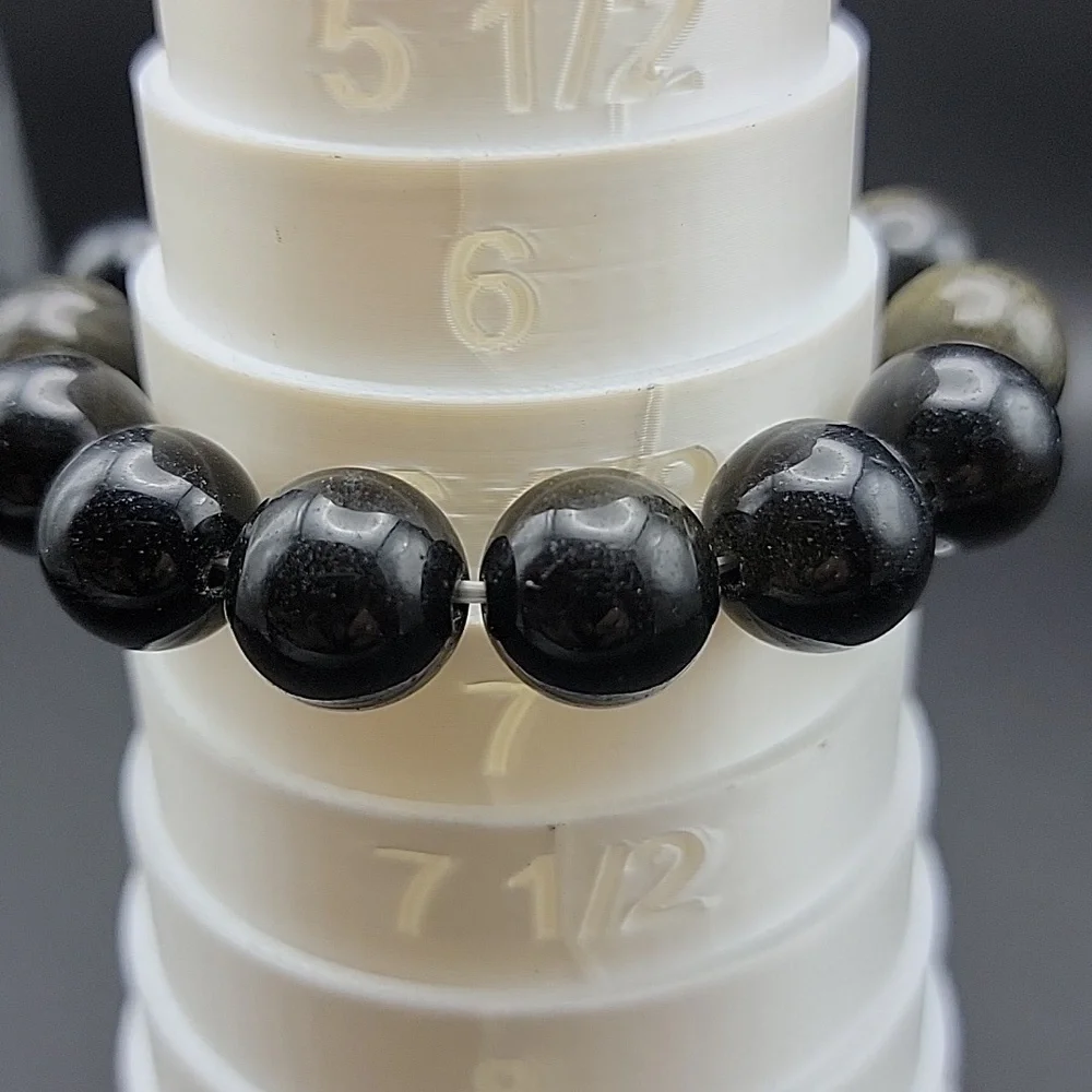 14mm Gold Sheen Black Obsidian Stretch Bracelet Size Gemstone Beaeded Size 6.5